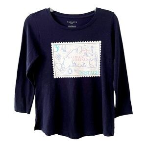 TALBOTS NEW ENGLAND STAMP TEE NAVY SIZE P